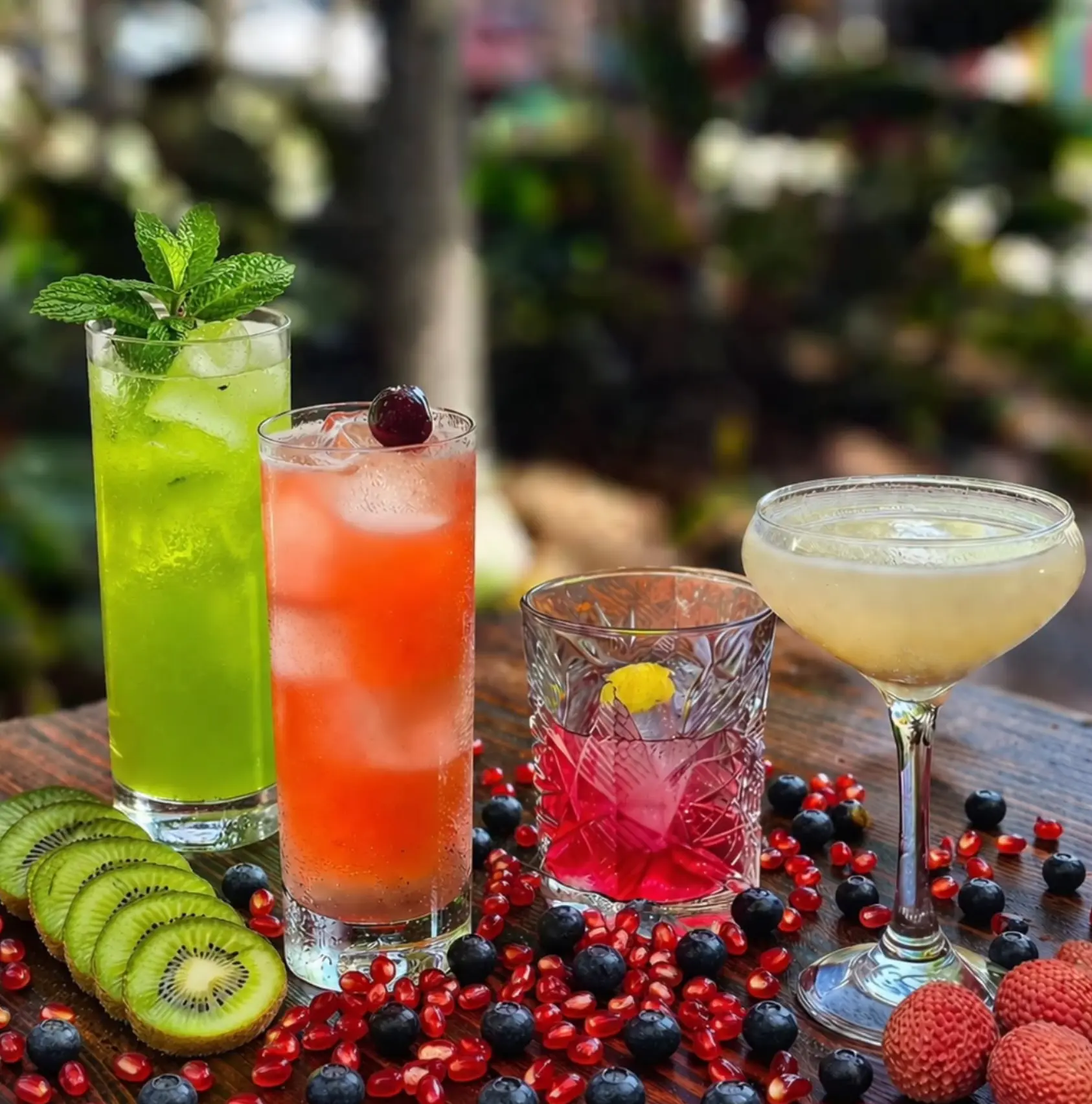 Four fruit-garnished seasonal cocktails on a wooden table.
