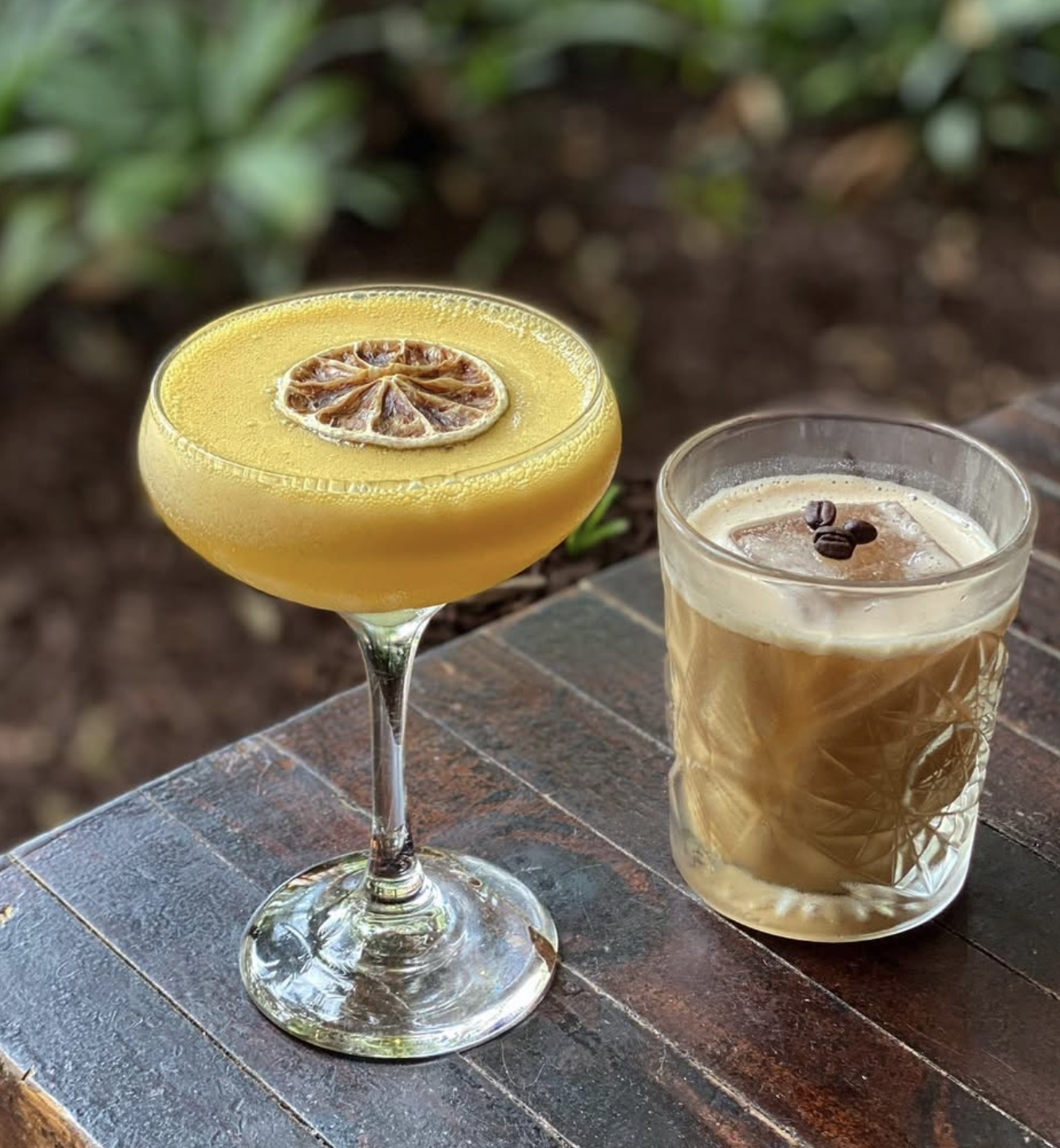 A citrus coupe and a coffee cocktail.