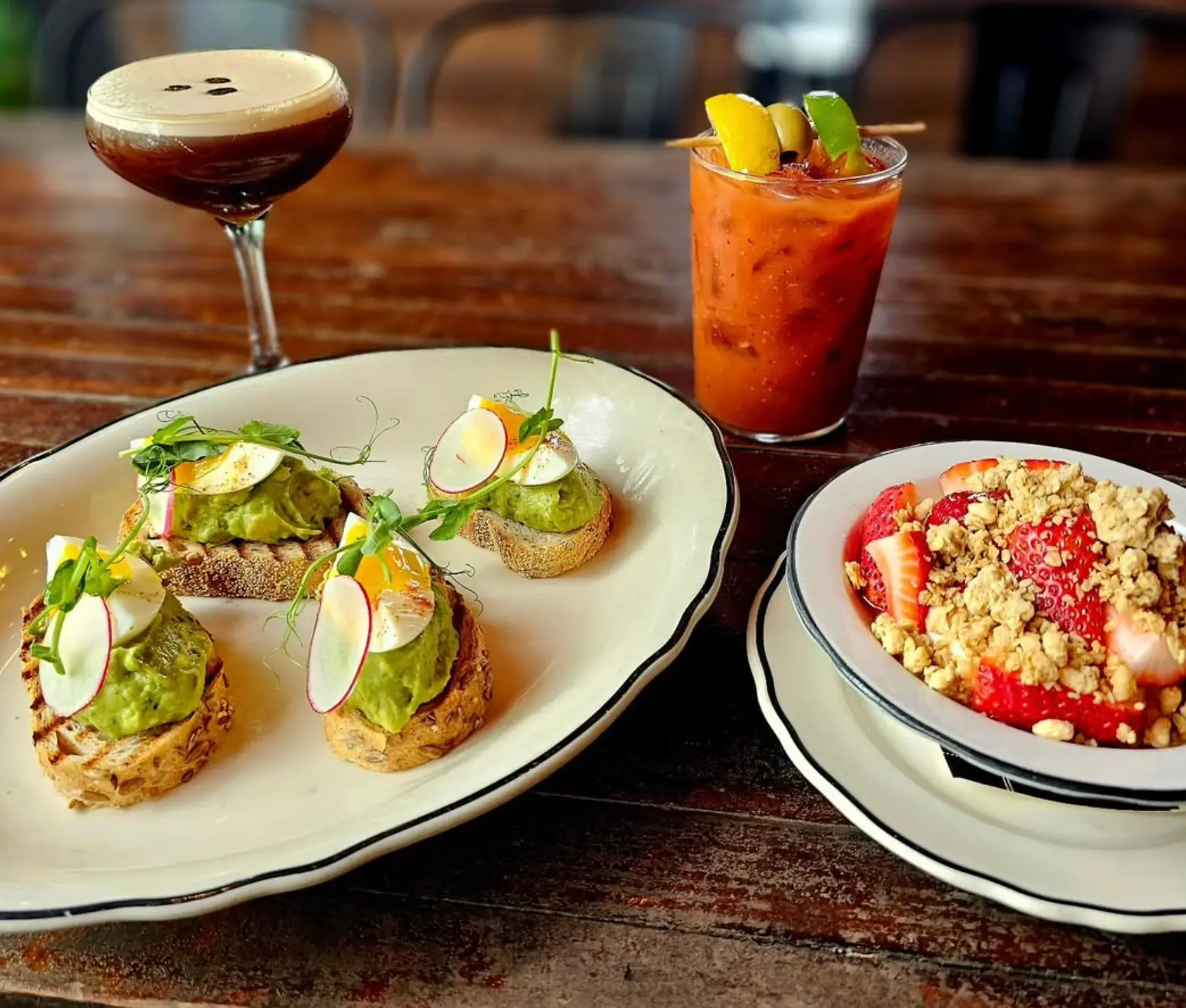 Avocado toast, fruit, granola, a Bloody Mary and an espresso martini.